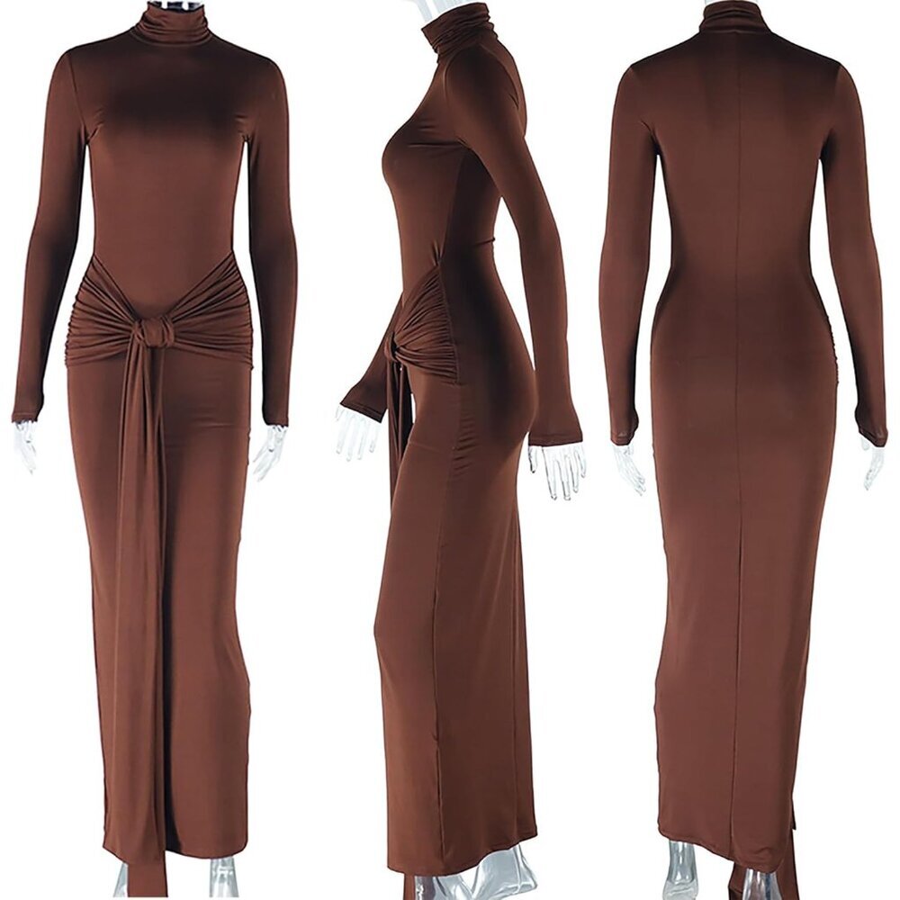 Elegant Women's Long Sleeve Ruched Bodycon Maxi Dress for Wedding Guests - Picture 5 of 5